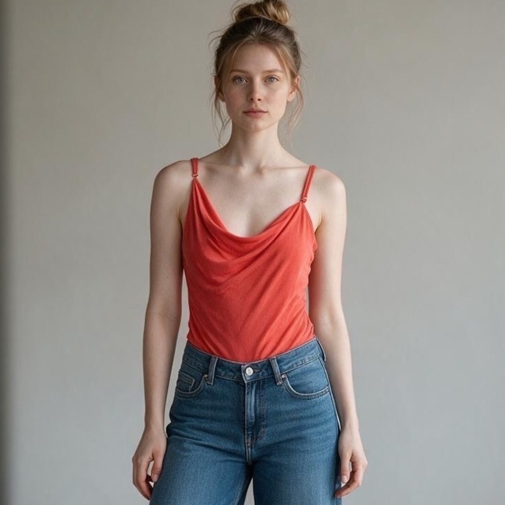 Out From Under Coral Pink Bodysuit Asymmetrical Cowl Neck Strappy Boho Chic Sz M